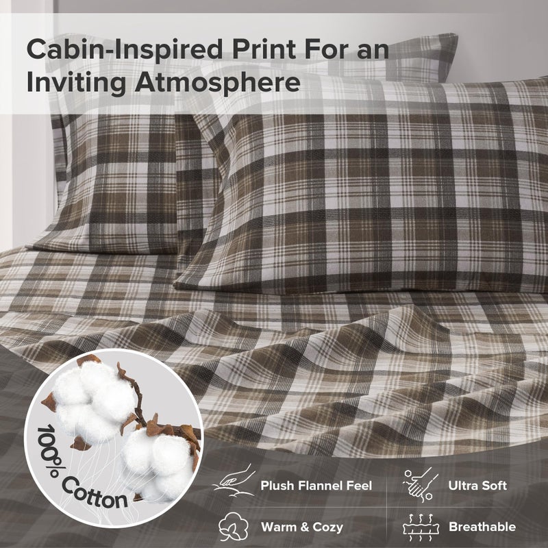 Woolrich John Rich & Bros. Woolrich Cotton Sheet Set Cottage Charms Print, 100% Cotton Flannel Sheets Warm & Fuzzy Bedding Set Cal King Size Sheets, Fitted Pocket Fits Up to 14" Mattress, Cal King Brown Plaid, 4 Piece - Image 3